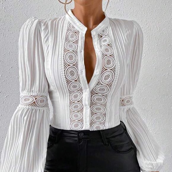 MONARCH FASHION Tops - White Lace Button Up Lantern Sleeve Long Blouse